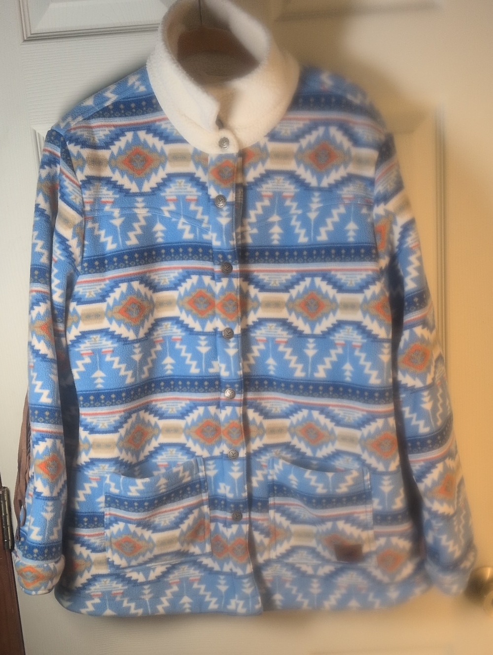 Women’s Blue Aztec Print Teddy Jacket with Cream Collar